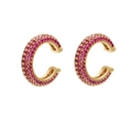 Golden C-shaped ear cuff with rose red rhinestones in a sleek minimalist style - Gold Plated - Red Zirconia