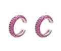 Silver C-shaped ear cuff featuring pave-set rose pink crystals for non-pierced ears - Silver - Red Zirconia