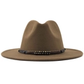 Classic dark brown wide brim fedora with vintage studded leather band for women - M (56-58cm) / Khaki
