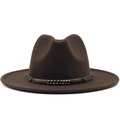 Dark brown wide brim wool fedora hat with vintage metallic beaded leather band - M (56-58cm) / Coffee