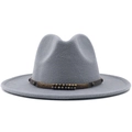 Light gray wool fedora hat with dark brown studded belt and classic wide brim - M (56-58cm) / Gray