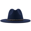Detail of dark blue wool fedora hat with brown leather belt and bronze metal studs - M (56-58cm) / Navy Blue