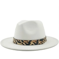 White wool fedora hat with flat brim and leopard print leather band with gold stud - M (56-58cm) / White