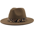 Classic brown felt fedora hat with leopard print band and metallic stud accents - M (56-58cm) / Khaki