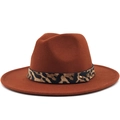 Detailed view of caramel wool fedora hat featuring leopard print band and gold buckle - M (56-58cm) / Caramel