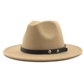 Classic camel wool fedora hat with black leather band and golden stud accents - Camel