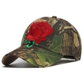 Detailed embroidery of a red rose on a camouflage baseball cap with fine stitching - Adjustable / Rose Embroidery-07