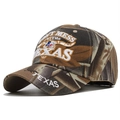 Brown camouflage baseball cap featuring Texas embroidery in a 45-degree side view - Adjustable / Texas Embroidery-01