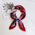 Pleated square silk scarf with red and navy colorblock pattern in a classic knot style - Rhombus Red Border