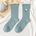 Morandi blue mid-calf socks with white daisy embroidery and delicate ruffled cuffs - One Size / Green