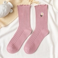 Dusty rose pink mid-calf cotton socks with daisy embroidery and ruffled lace edge - One Size / Deep Pink