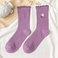 Cute purple cotton crew socks with scalloped edges and daisy embroidery detail - One Size / Deep purple