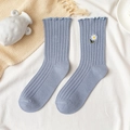 Light blue crew socks with ruffle cuff and white daisy embroidery in cotton blend - One Size / Denim Blue