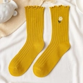 Yellow ribbed crew socks with daisy embroidery and cute ruffle edges for women - One Size / Ginger Yellow