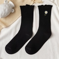 Black ribbed crew socks with lace trim and daisy embroidery for women's casual wear - One Size / Black