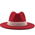 Classic bright red wide brim wool fedora hat featuring elegant faux pearl ribbon band - M (56-58cm) / Red