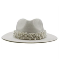 Cappello di paglia Fedora bianco con perle eleganti per protezione solare estiva al mare - Bianco