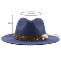Navy blue straw hat with leopard band and side pearl flower detail, 56-58cm circumference - M(56-58cm) / Navy Blue