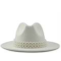 Elegant white wide brim wool fedora hat featuring a four-row pearl beaded band decoration - M (56-58cm) / White