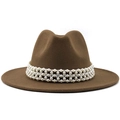 Deep brown wool fedora with three-layer white pearl band for an elegant look - M (56-58cm) / Khaki