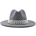 Gray wool felt fedora with elegant triple-layer pearl decorative band - M (56-58cm) / Gray