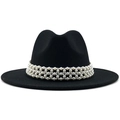 Classic black wool felt fedora hat featuring an elegant white pearl beaded band trim - M (56-58cm) / Black