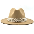 Khaki wool fedora hat featuring an elegant three-row white pearl beaded hatband - M (56-58cm) / Camel