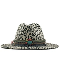 Classic leopard print fedora hat with turquoise stone and boho woven tassels - M (56-58cm) / White