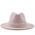 Elegant pink wide brim wool felt fedora hat decorated with multi-layer pearl bead band - M (56-58cm) / Pink