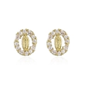 Gold Virgin Mary oval stud earrings with sparkling zircon halo on white background - Virgin Mary