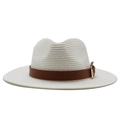 Classic cream woven sun hat with brown leather band and gold buckle for outdoor travel - M (56-58cm) / White