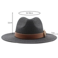Classic black wide brim straw sun hat with brown leather band and size measurements - M (56-58cm) / Black