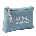 Neceser de lona azul con texto 'but first, make-up!' y diseño de rayas blancas - Verde