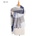 Blue and white plaid knit scarf with fringes on mannequin, classic checkered winter wrap - Navy Grey Plaid