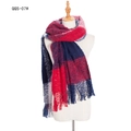 Dames wintersjaal met rood, blauw en wit ruitpatroon en fijne franjes aan de uiteinden - Marineblauw Geruit
