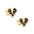 Orecchini a cuore in argento S925 placcato oro con cristalli neri e chiusura a sfera - Base Oro Strass Nero / Zircone Nero