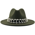 Dark green wide brim wool fedora hat with elegant black ribbon and pearl band embellishment - M (56-58cm) / Green