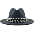 Dark charcoal wool fedora hat featuring an elegant triple-row faux pearl ribbon band - Dark Gray