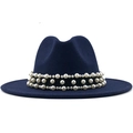 Elegant navy wool fedora hat for women with triple-layer white pearl band decoration - Navy Blue