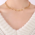 18K gold-plated titanium geometric oval link chain necklace worn by a fashion model - Gold Oval Ring Link Necklace-P1153