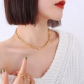 Minimalist 18K gold plated stainless steel necklace and rings set on a model - Gold Paperclip Chain Necklace & Ring Set-P1159