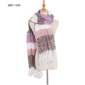 Thick knit scarf with wide stripes in purple, orange, and coffee with tassel fringe - Basic Purple Plaid