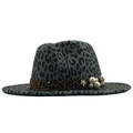 Fashionable grey leopard wool fedora with pearl trim and flat brim for women - Dark Gray