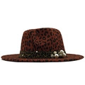 Elegante cappello fedora leopardato a tesa larga con perle e decorazioni floreali - M (56-58cm) / Borgogna