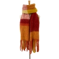 Plaid scarf with fringes in warm red, orange, and yellow tones on a mannequin - 190x50+15cm / Caramel Yellow