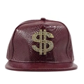 Snapback hip hop cap in wine red faux snakeskin with sparkling rhinestone dollar sign logo - Adjustable / Burgundy