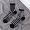 Sheer black vertical striped crew socks with reinforced cotton sole and heel - One Size / Striped Black