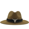 Cappello di paglia stile western con fascia etnica e testa di toro argento vintage - M (56-58cm) / Cachi