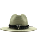 Cappello da cowboy in paglia con fascia etnica e teschio di toro per protezione solare - M (56-58cm) / Bianco