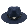 Detail of navy blue straw jazz hat featuring ethnic print band and silver bull head buckle - M (56-58cm) / Navy Blue